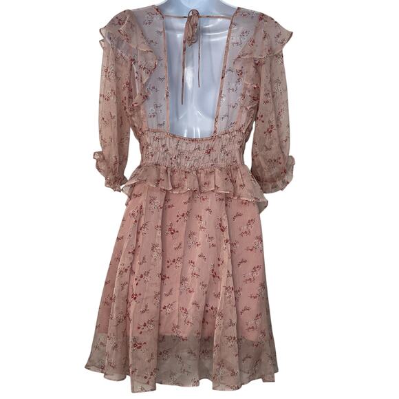 CY Fashion Blush Pink Floral Ruffle Boho Dress Chiffon Back Cutout Flowy Boho M - Picture 6 of 9